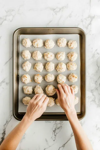 Hands shape the bread mixture into 24 two-inch stuffing balls on the white marble cooktop. The formed balls are placed neatly on the prepared baking sheet, ready to bake.