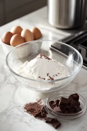 A sifter releasing almond flour, egg white powder, cocoa powder, and powdered sugar onto a white marble cooktop, ready to be combined for the macaron batter.