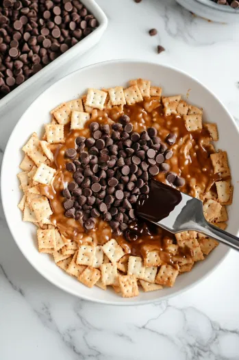 Sprinkling dark chocolate chips evenly over the hot caramel crackers, allowing them to melt into a smooth layer.