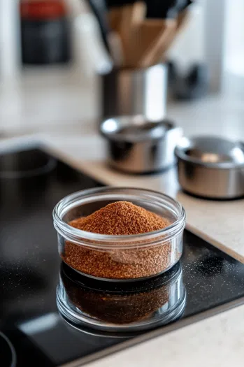 The taco seasoning being transferred into an airtight container on the white marble cooktop. The container is sealed and ready to be stored in a cool, dry place for up to six months.