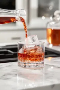 The chilled Negroni being strained from the mixing glass into a rocks glass over a large ice cube on the white marble cooktop, capturing the drink’s vibrant red color