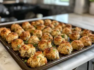 The baking sheet of stuffing balls is in the oven, turning golden and crisp after about 20 minutes. The baking sheet is positioned on the white marble cooktop, with the stuffing balls ready to be served warm.