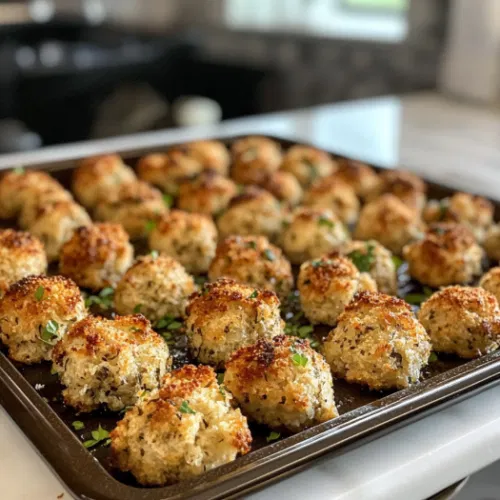 The baking sheet of stuffing balls is in the oven, turning golden and crisp after about 20 minutes. The baking sheet is positioned on the white marble cooktop, with the stuffing balls ready to be served warm.