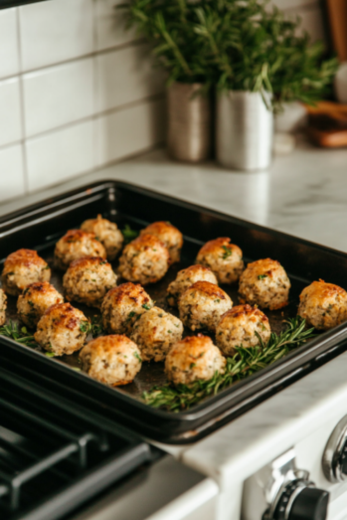 The baking sheet of stuffing balls is in the oven, turning golden and crisp after about 20 minutes. The baking sheet is positioned on the white marble cooktop, with the stuffing balls ready to be served warm.