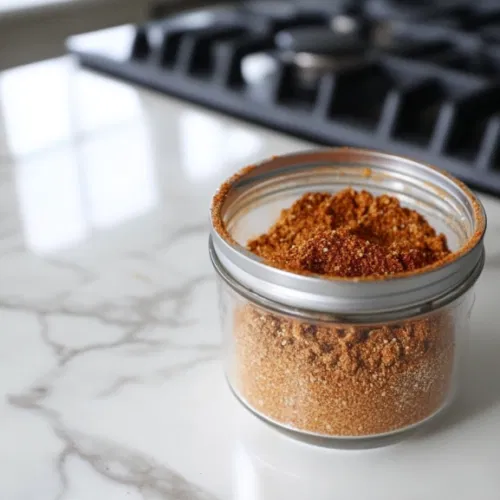 The taco seasoning being transferred into an airtight container on the white marble cooktop. The container is sealed and ready to be stored in a cool, dry place for up to six months.