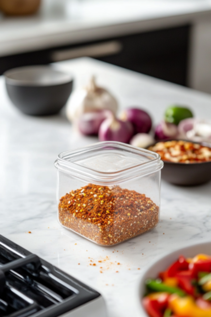 The taco seasoning being transferred into an airtight container on the white marble cooktop. The container is sealed and ready to be stored in a cool, dry place for up to six months.