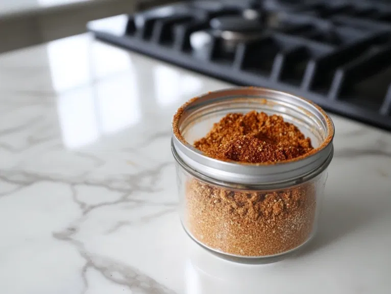 The taco seasoning being transferred into an airtight container on the white marble cooktop. The container is sealed and ready to be stored in a cool, dry place for up to six months.