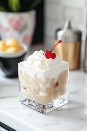 The completed drink on the white marble cooktop, topped with a swirl of whipped cream and garnished with a bright red cherry, ready to serve.