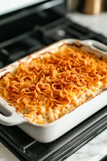 The casserole dish removed from the oven on the white marble cooktop, topped with the remaining fried onions, ready for a final bake.