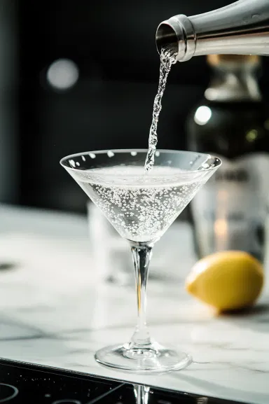 The martini glass on the white marble cooktop as 2 to 4 tablespoons of sparkling water are gently stirred in, adding a light, refreshing finish.