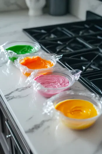 Bowls of colored icing sit on the white marble cooktop, with plastic wrap covering any unused portions to prevent drying out.