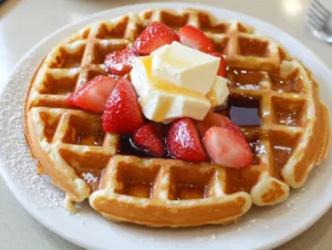 A plate of warm waffles is served on the white marble cooktop, topped with maple syrup, butter, or any preferred toppings. The waffles are golden and crispy, ready to enjoy.