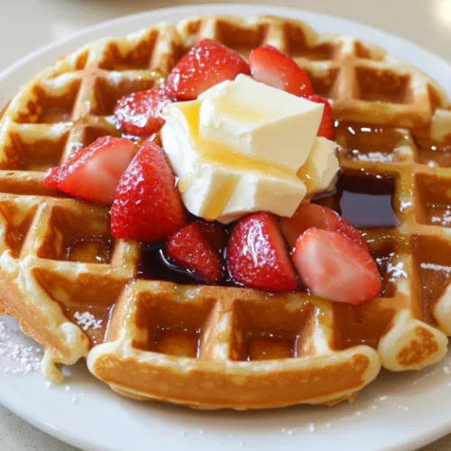 A plate of warm waffles is served on the white marble cooktop, topped with maple syrup, butter, or any preferred toppings. The waffles are golden and crispy, ready to enjoy.