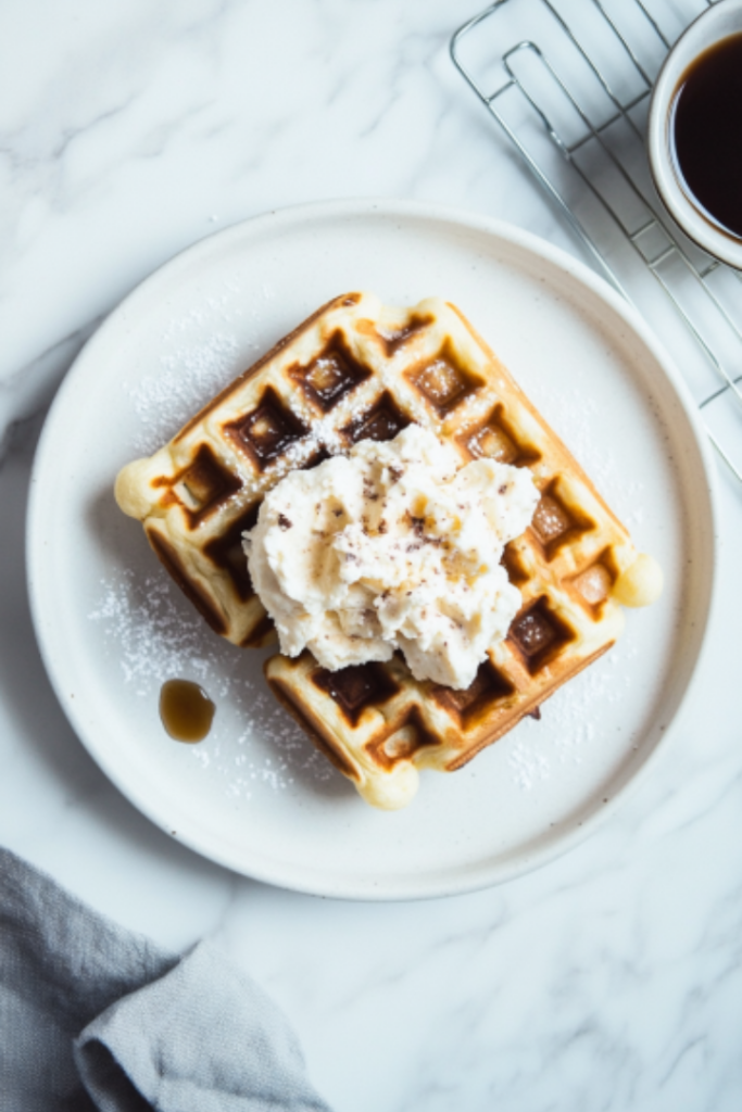 A plate of warm waffles is served on the white marble cooktop, topped with maple syrup, butter, or any preferred toppings. The waffles are golden and crispy, ready to enjoy.