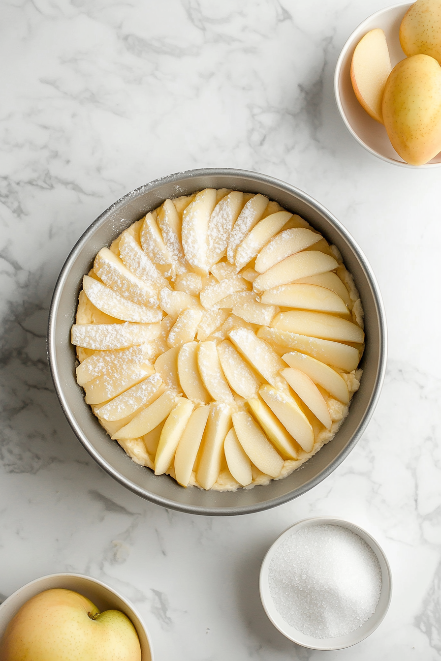 "The cake pan on the white marble cooktop shows thinly sliced apple pieces arranged in a circular pattern over the batter. A small bowl of sugar is nearby, ready to be sprinkled."