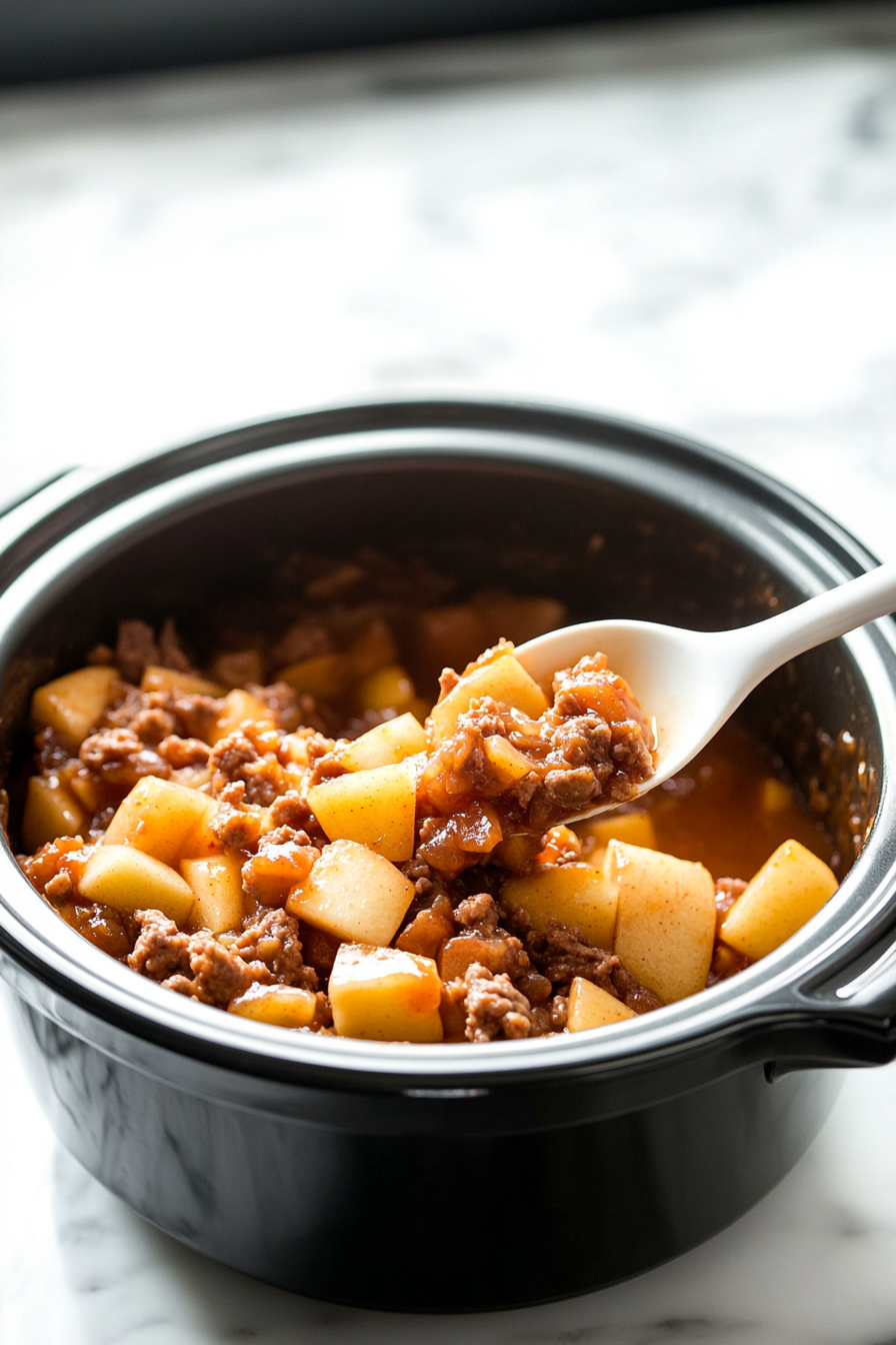 The slow cooker on the white marble cooktop is being filled with apple pie filling from two open cans. The filling is spread evenly across the bottom of the cooker.