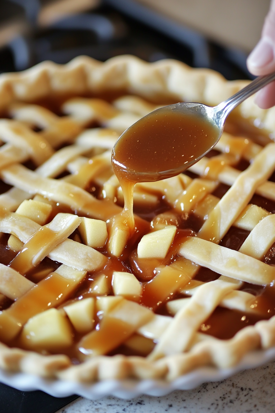 The lattice-topped pie sits on the white marble cooktop as a spoon drizzles rich caramel sauce over the crust and apples. Some caramel is brushed onto the pastry, giving it a glossy, golden sheen that enhances the pie's decadent appearance.