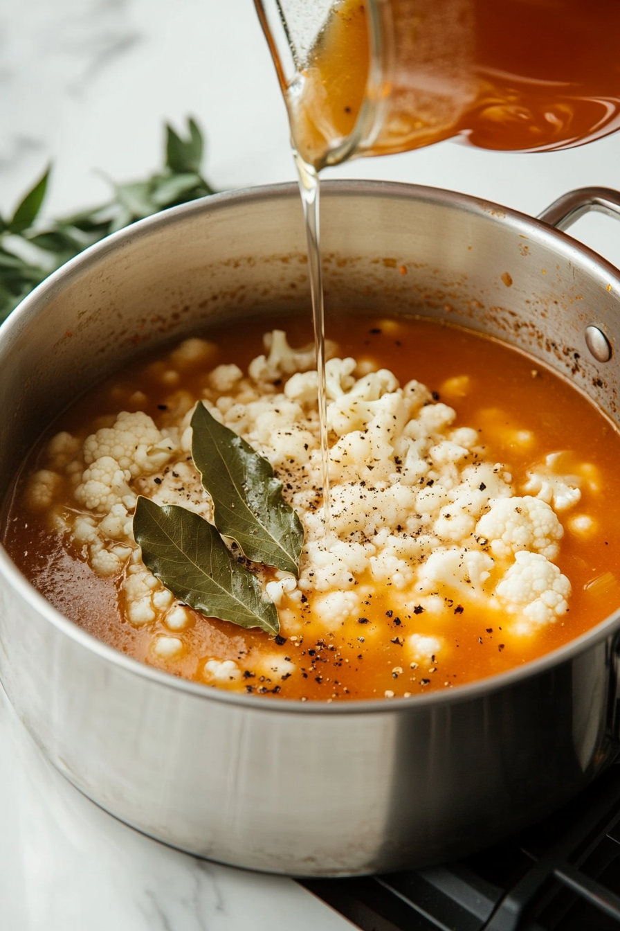 Cauliflower florets, broth, bay leaves, salt, and pepper are added to the soup pot on the white marble cooktop. Broth is being poured in, and bay leaves rest on the mixture