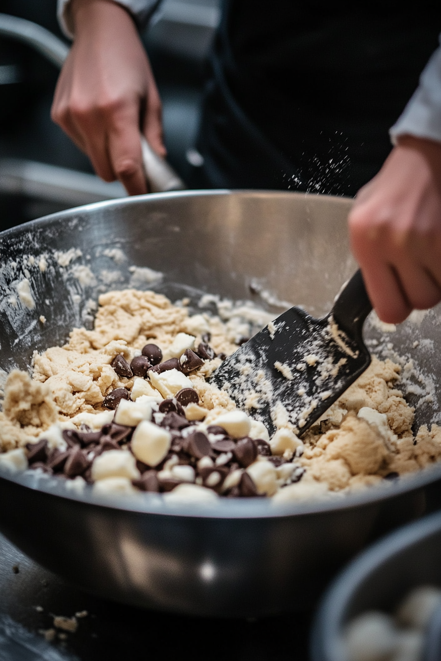 Chocolate chips and Mallow Bits are being folded into the dough with a silicone spatula in a large mixing bowl, creating a chunky, textured cookie dough full of flavor.The dough is covered with plastic wrap and placed in the refrigerator. The bowl sits on a refrigerator shelf surrounded by other baking essentials like butter, eggs, and cream.