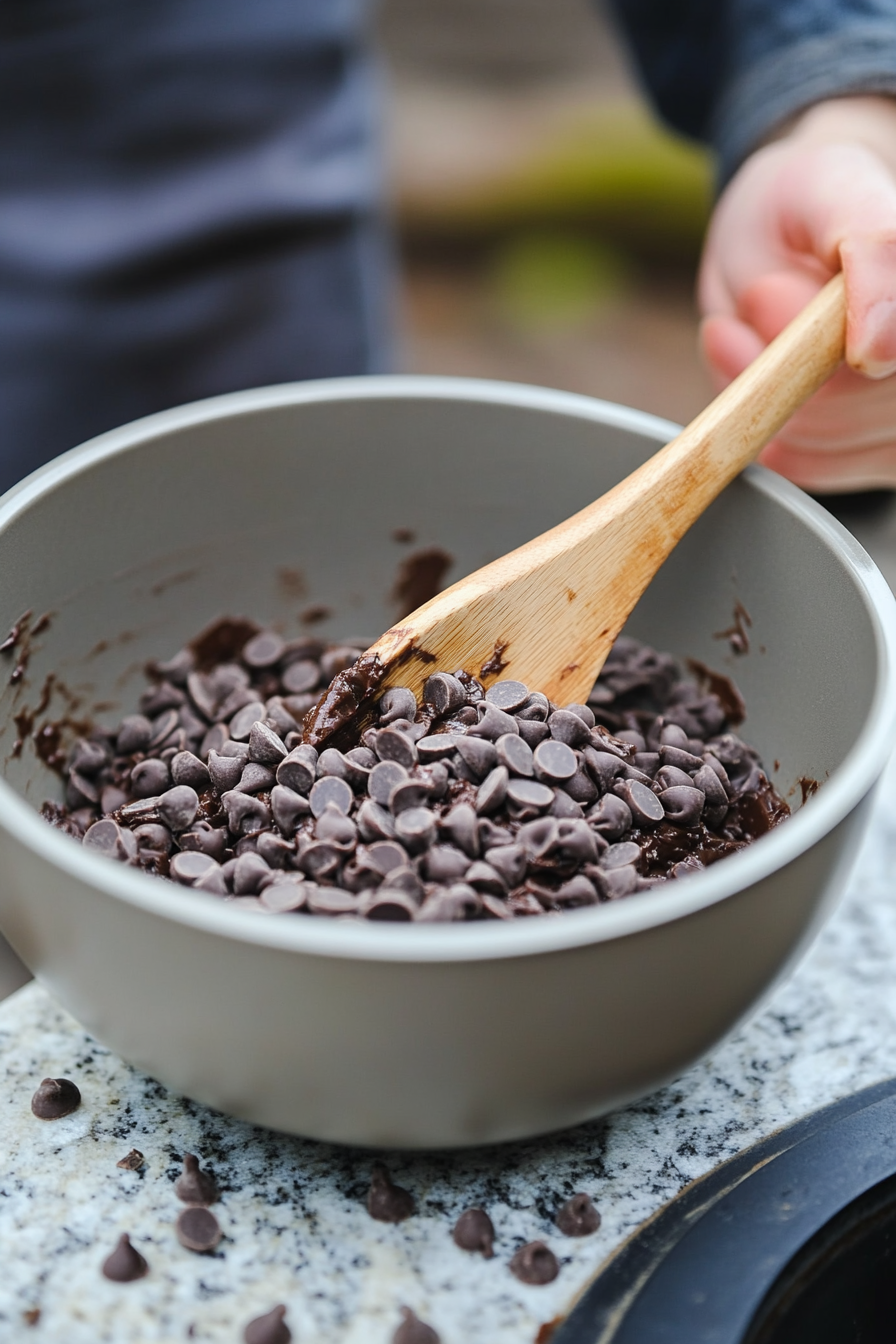 Semi-sweet chocolate chips being gently folded into the thick chocolate cookie dough in a mixing bowl on the white marble cooktop. A wooden spoon and scattered chocolate chips are visible nearby.