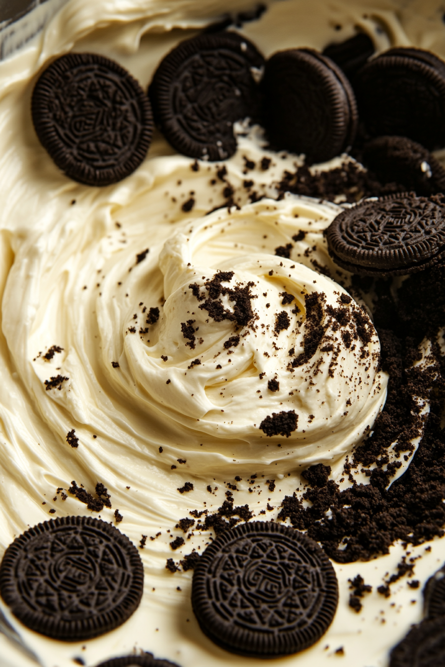 A handful of crushed Oreos is being added to the cheesecake filling, with the mixture gently stirred to combine. The Oreo crumbs swirl through the creamy filling in a large bowl, with some crumbs sprinkled around the edges.