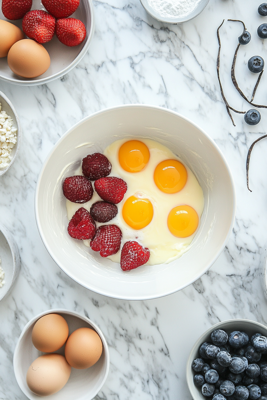 Egg yolks and vanilla bean paste being added to the mixing bowl on the white marble cooktop, blending into a smooth and pale batter.