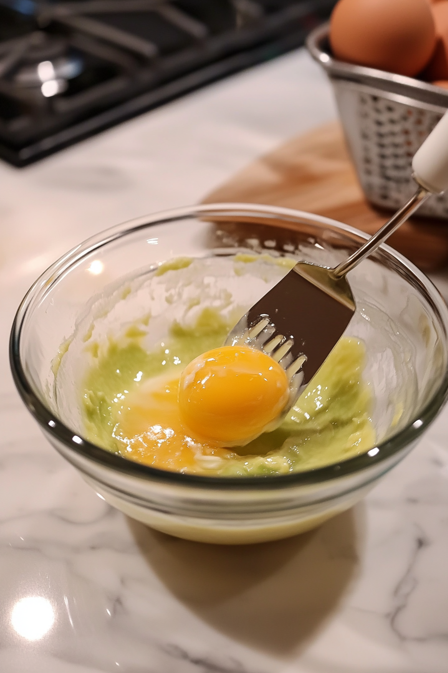 A large egg is being added to the cream cheese mixture in a glass bowl on the white marble cooktop. The mixture is combined with a hand mixer on low speed, creating a smooth, creamy texture with a slight green hue. A spatula is poised to scrape the bowl clean after the ingredients are fully combined.