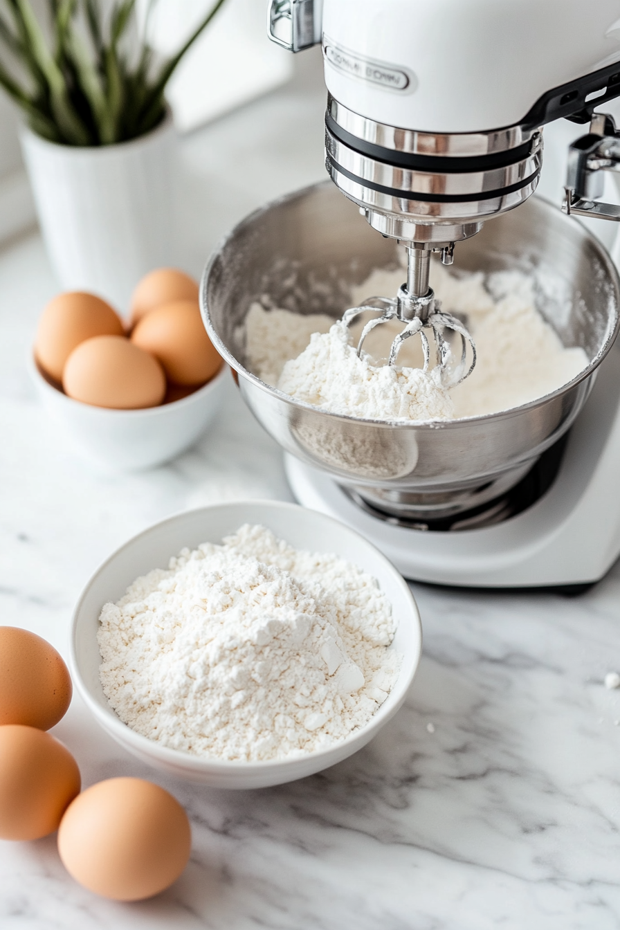 Eggs being cracked one at a time into the stand mixer on the white marble cooktop, with a bowl of sifted flour ready to be added.