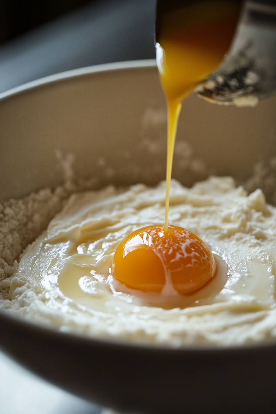 A mixing bowl on the white marble cooktop with creamed butter and sugar as an egg is being cracked in. Vanilla extract is being poured, and the mixer is ready to blend the ingredients.