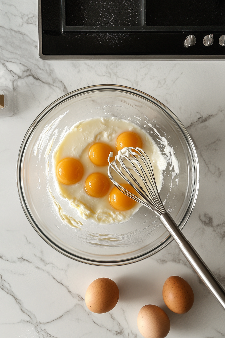 The same glass mixing bowl is now filled with the creamed butter and sugar mixture. Eggs and vanilla are being added, and a whisk is blending the ingredients together evenly.