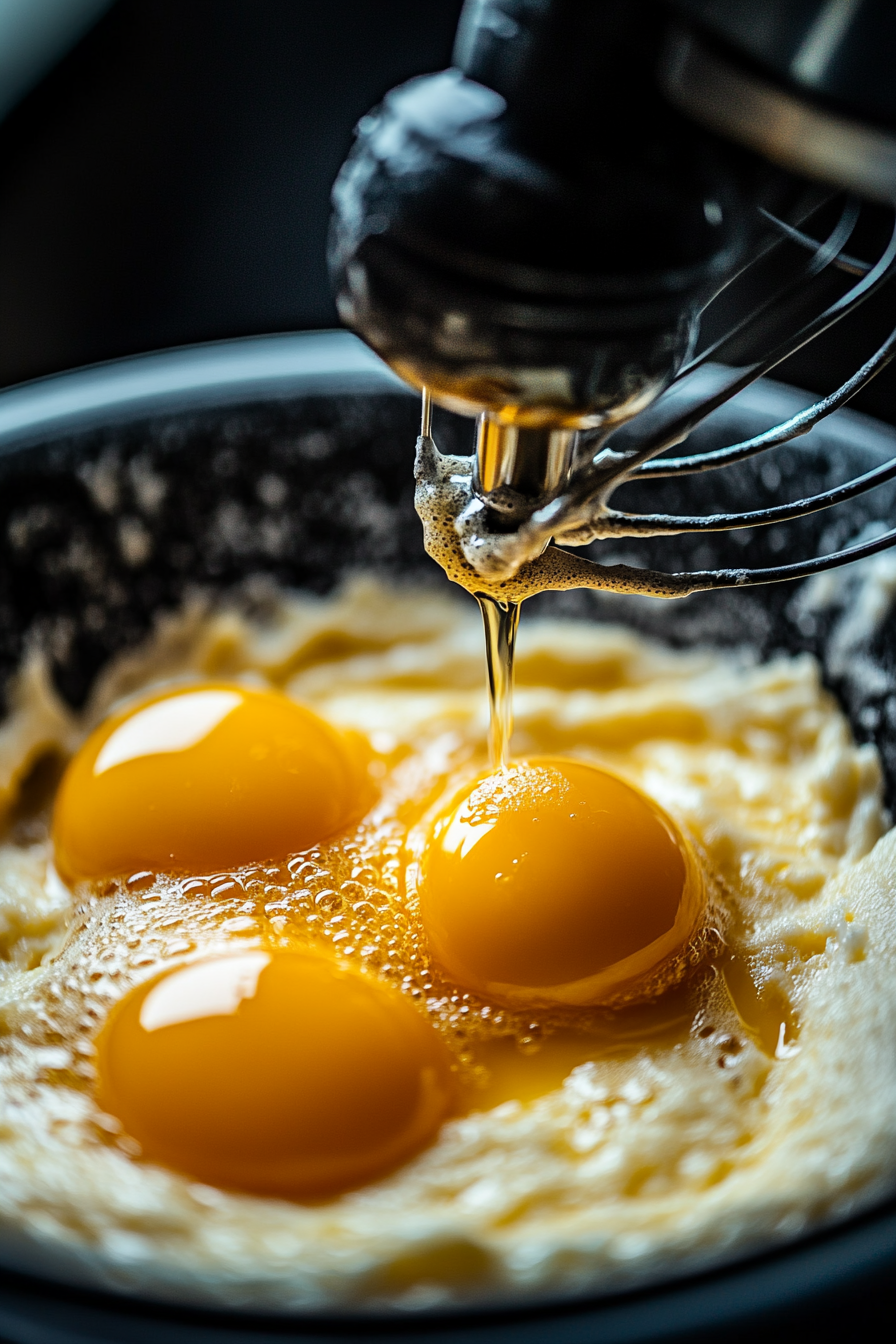 Eggs are cracked into the mixing bowl, and a teaspoon of vanilla extract is poured in. The electric hand mixer sits nearby, ready to blend the mixture into a smooth, creamy base.