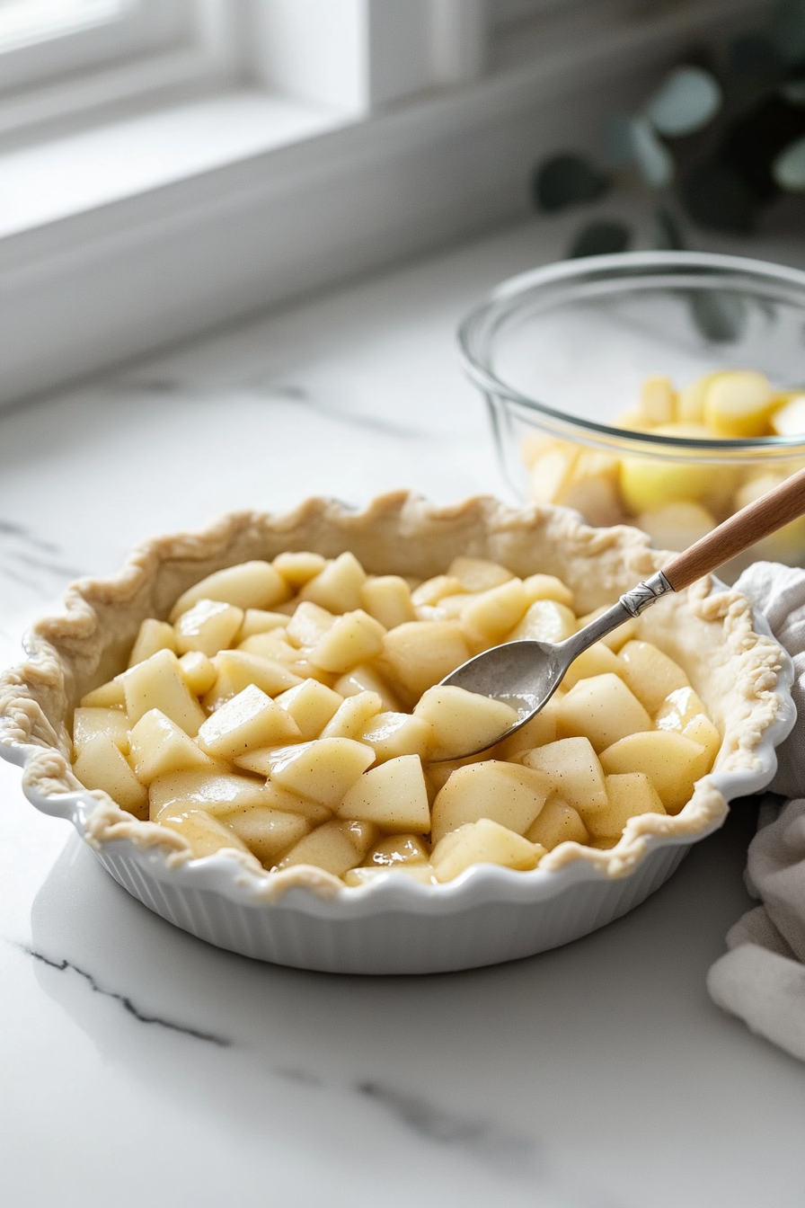 The 9×2-inch pie dish on the white marble cooktop is lined with a fluted pie crust. The prepared apple filling is being spooned into the crust, leaving excess liquid in the glass mixing bowl nearby.