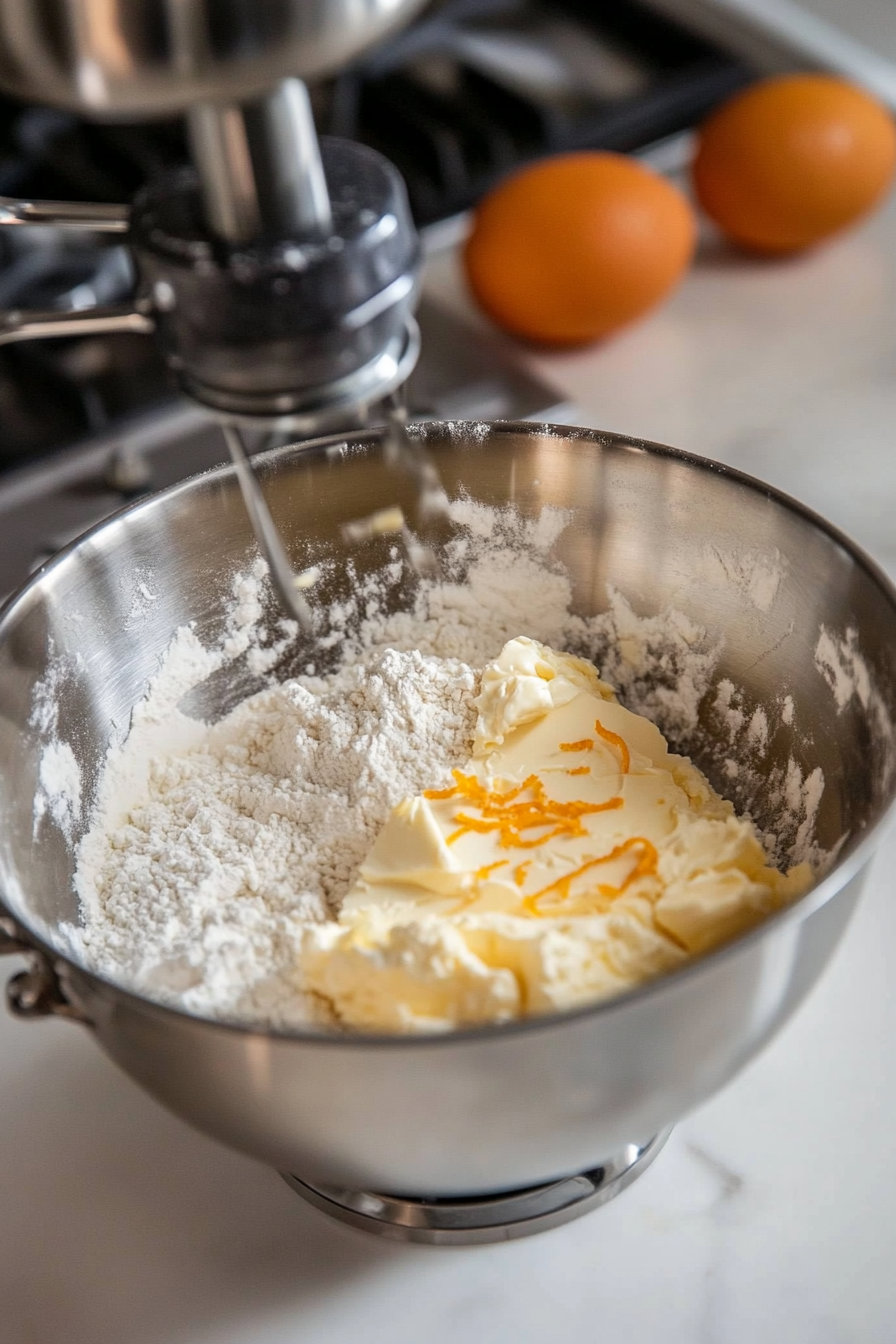 The flour mixture and orange zest are being added to the butter and egg mixture in the stand mixer. The ingredients are being combined on low speed, with the white marble cooktop visible in the background.