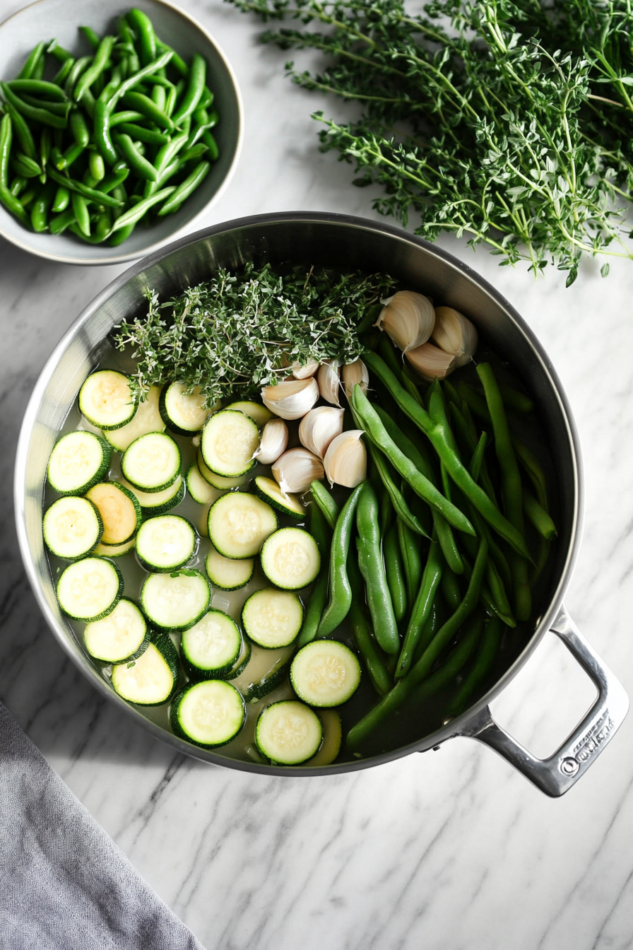 The soup pot on the white marble cooktop has garlic, zucchini, green beans, thyme, and parsley being added to the sautéed vegetables. Fresh herbs and chopped vegetables are arranged in bowls on the side.