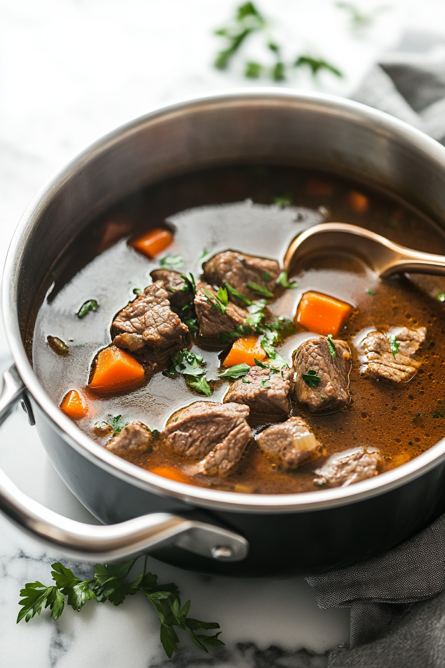 Show the saucepan now filled with beef stock, water, Worcestershire sauce, and erythritol. The soup is simmering uncovered, with light steam rising. A ladle is placed beside the pot, ready for serving