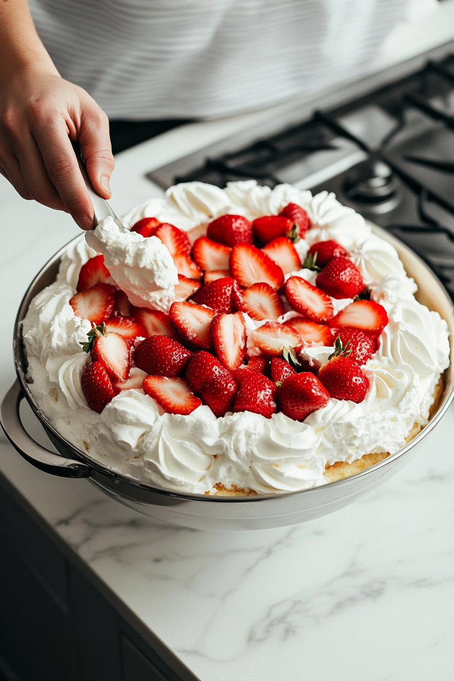 The punch bowl on the white marble cooktop as additional layers of angel food cake, pudding, and strawberries are added, building up the dessert. The process is being repeated until the layers are stacked high