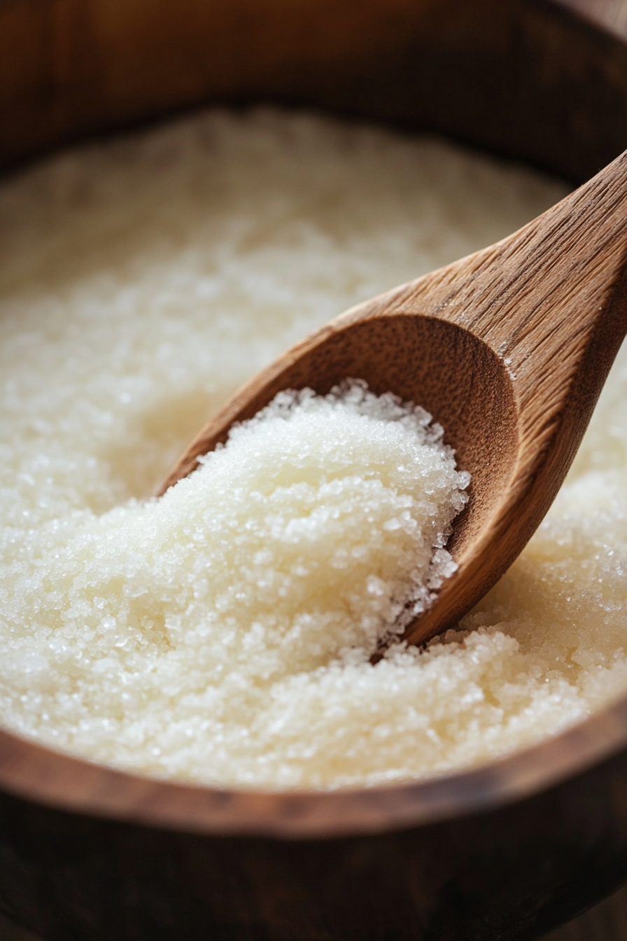 Granulated sugar is gradually mixed into the softened butter, forming a creamy and light-textured mixture. The wooden spoon is in motion, surrounded by a clean and inviting workspace.