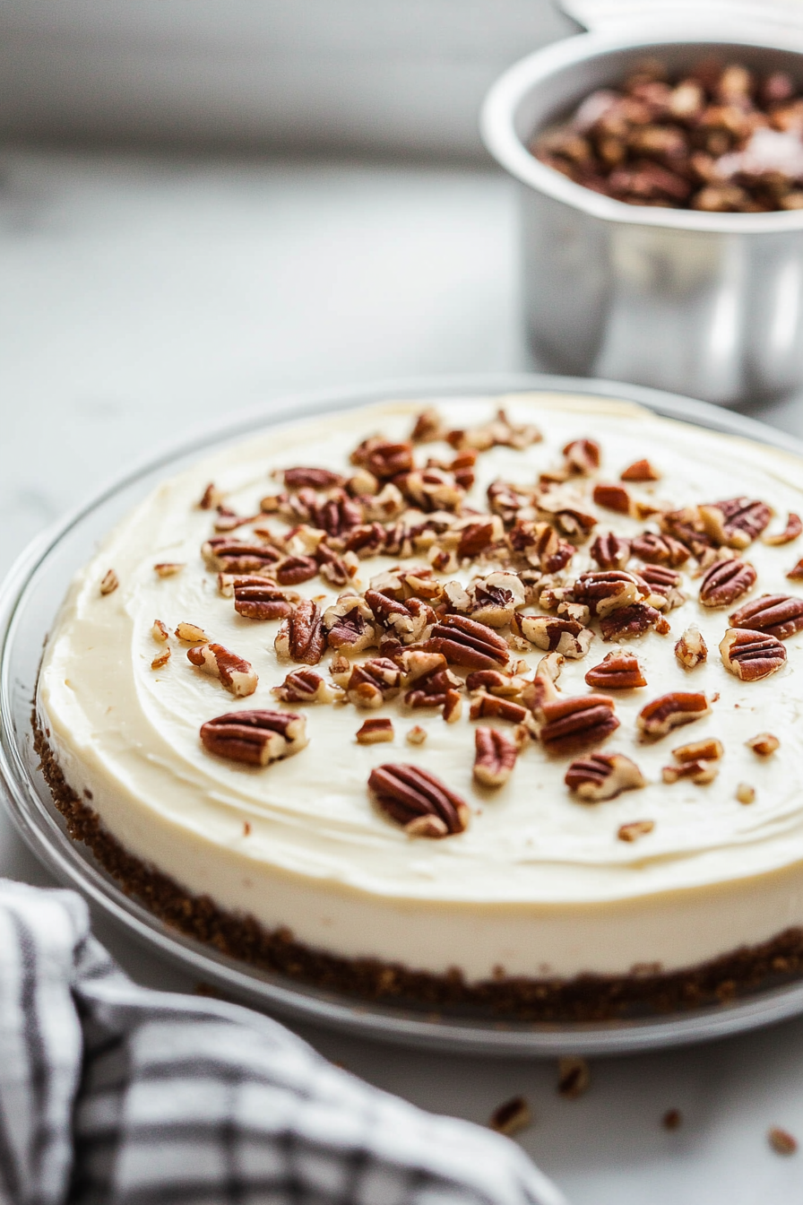 "The chilled cheesecake sits on the white marble cooktop, with sour cream topping being spread smoothly across the top. Chopped pecans are sprinkled as garnish, making the dessert ready to slice and serve."