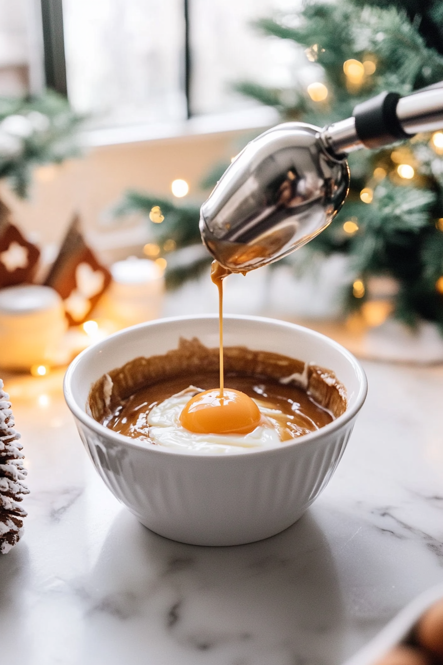 A stand mixer on the white marble cooktop as an egg is added to the creamed mixture. Vanilla extract is being poured in, and the batter appears smooth and glossy.