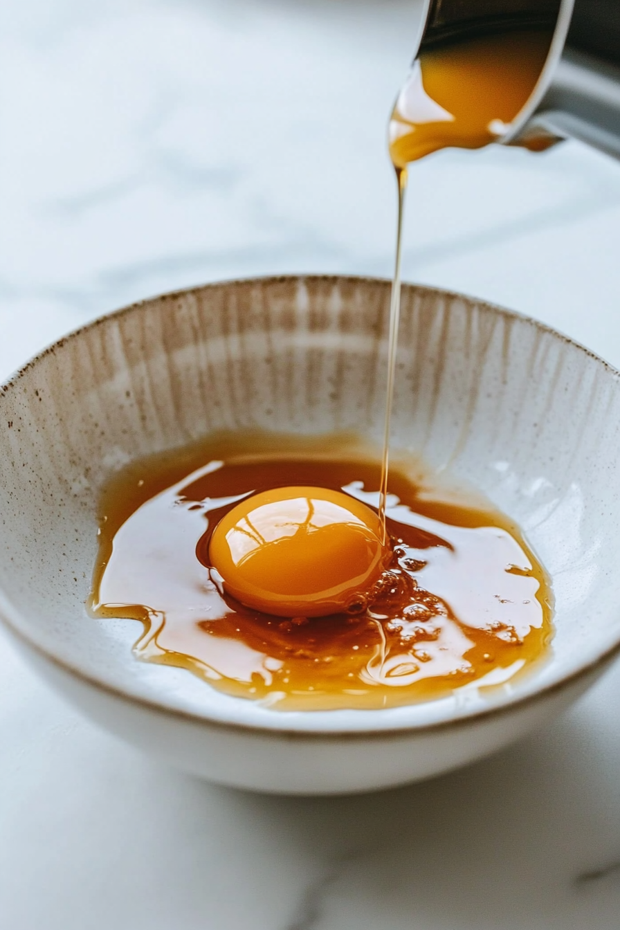 The stand mixer on the white marble cooktop with egg and vanilla extract added to the butter-sugar mixture. The mixture is briefly mixed before scraping down the sides of the bowl."