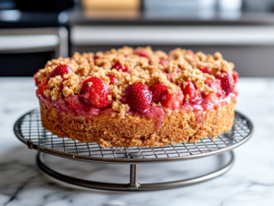 The completed Strawberry Crunch Cake rests in the refrigerator on a cooling rack. The cake is fully assembled with the crumble topping, ready to chill for an hour before serving.