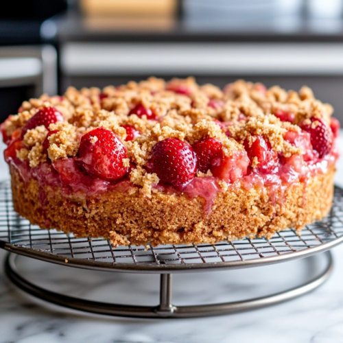 The completed Strawberry Crunch Cake rests in the refrigerator on a cooling rack. The cake is fully assembled with the crumble topping, ready to chill for an hour before serving.