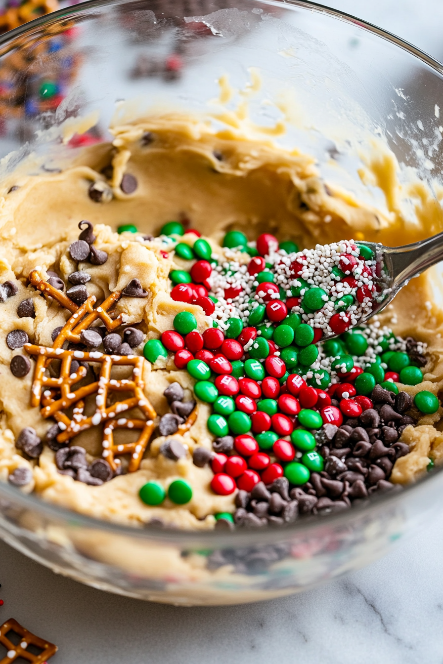 Festive mix-ins like colorful M&Ms, chopped caramels, broken pretzel pieces, and sprinkles are folded into the cookie dough, their vibrant hues standing out against the light dough