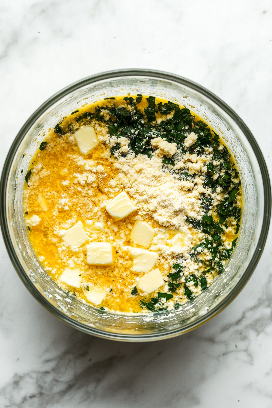 The glass mixing bowl contains the crumbly mixture with whisked eggs added, forming a stiff dough. The dough shows visible lumps of cold butter, keeping the focus on the mixing process in the clean setup.