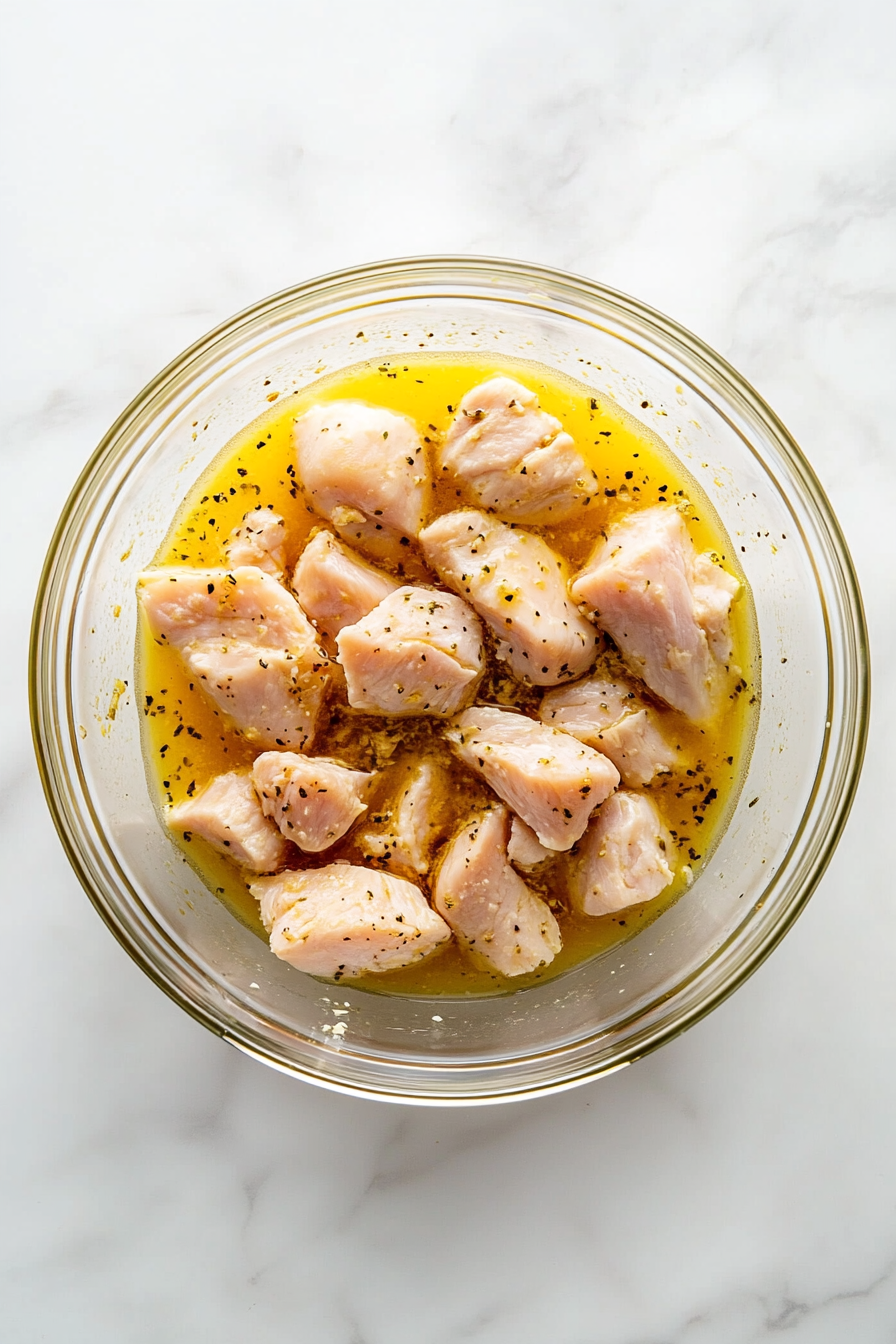 Bite-sized pieces of raw chicken are coated in the pale yellow egg mixture inside a clear glass bowl. The chicken glistens and has a speckled appearance from the spices. The bowl is positioned on a white marble countertop, surrounded by ingredient containers for celery salt, salt, and pepper.