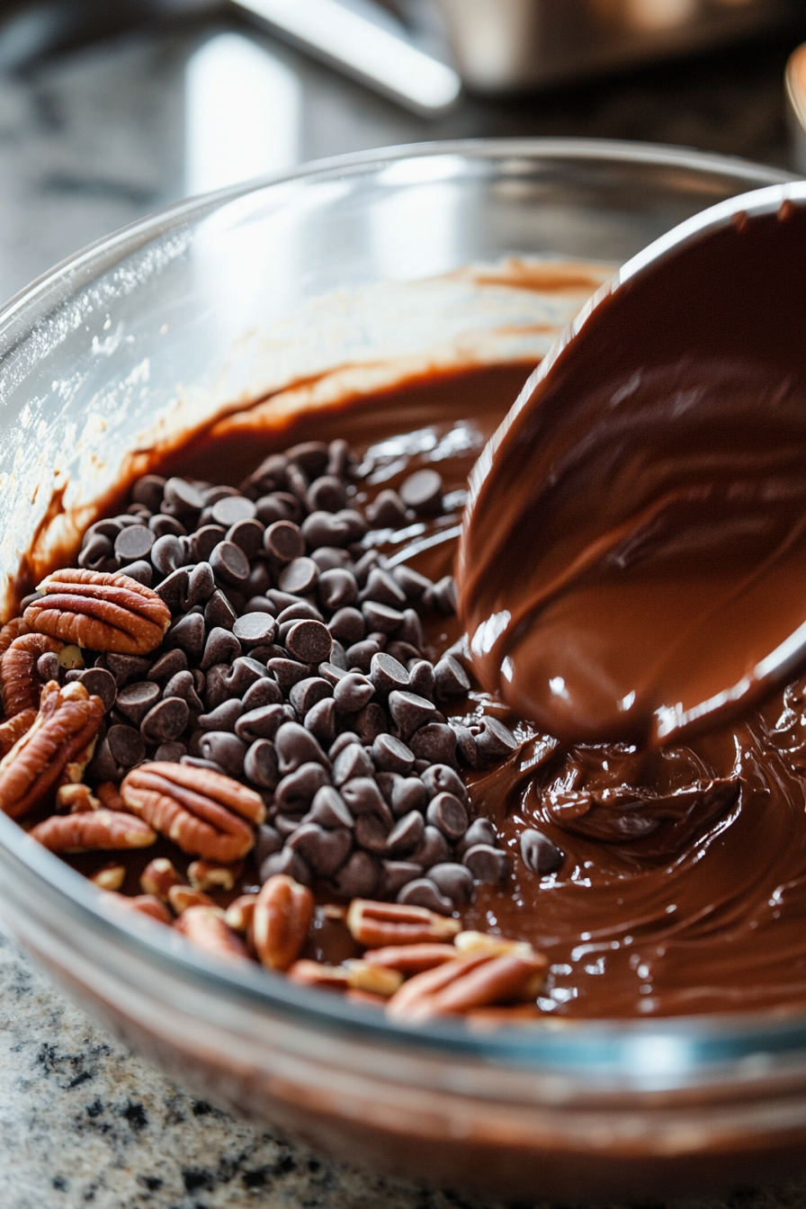 Chocolate chips and pecan halves are being stirred into the filling mixture in the glass bowl. The ingredients appear evenly distributed, forming a rich and chunky filling.