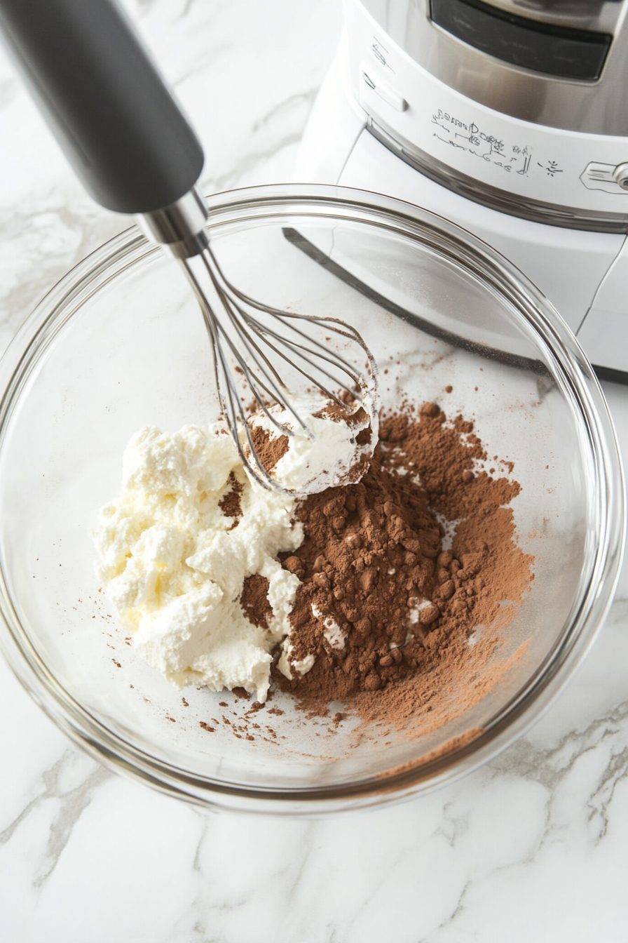 A glass bowl on the white marble cooktop with cocoa powder, cinnamon, and cayenne pepper being added to the batter, and the electric mixer stirring everything in.