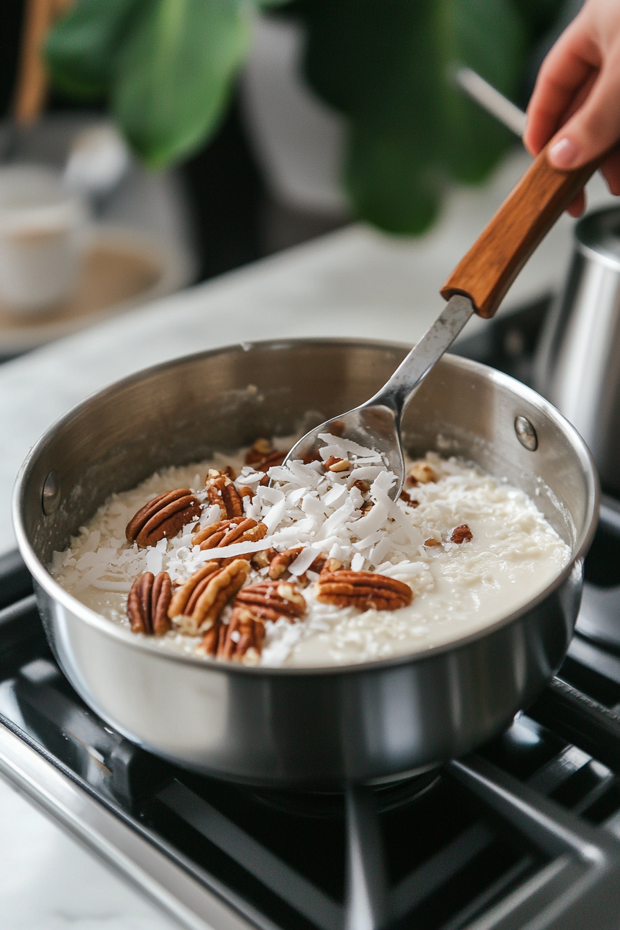 Coconut flakes and chopped pecans being stirred into the thickened topping mixture in the saucepan, with the mixture cooling in the pan