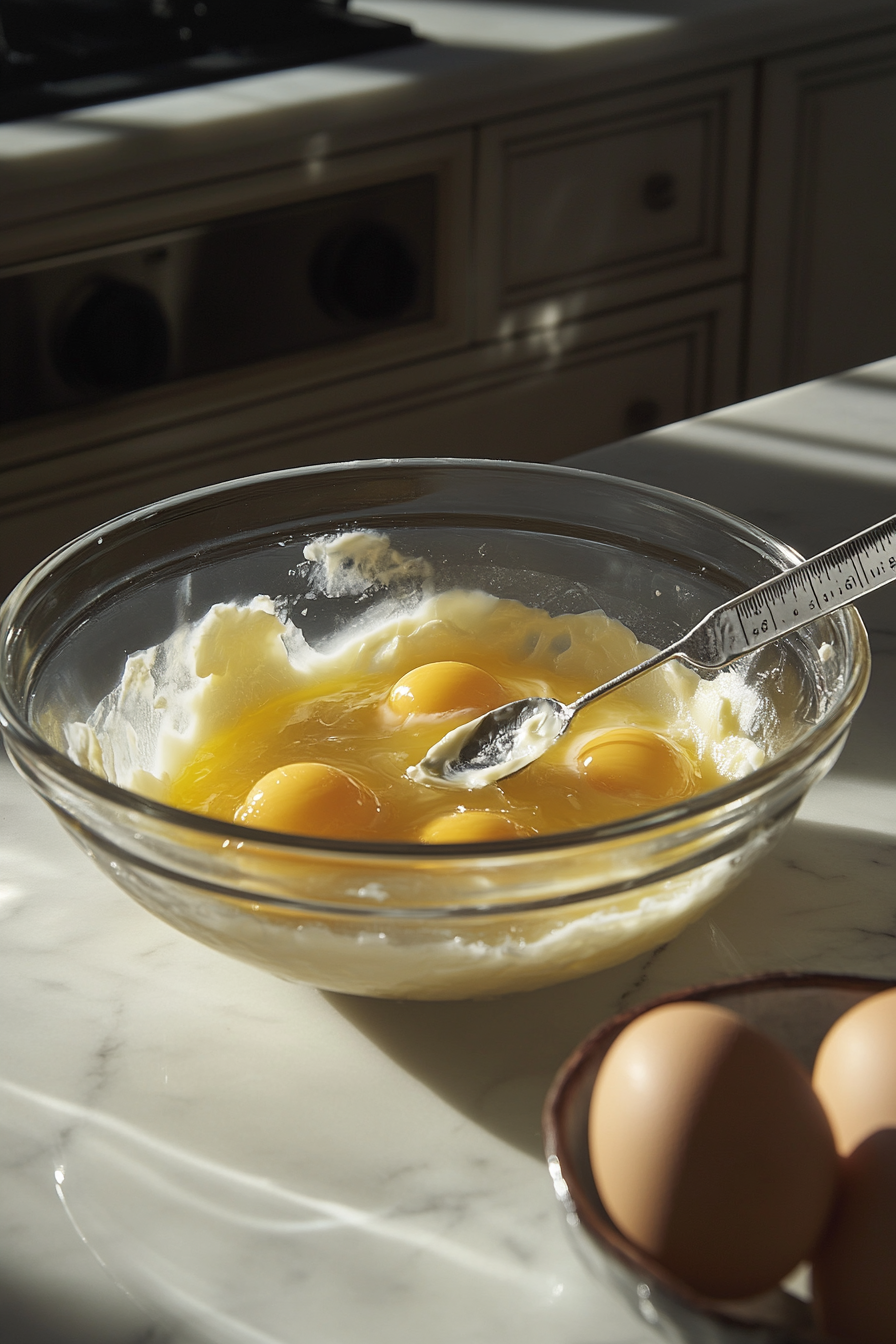 The large glass bowl on the white marble cooktop shows eggs being cracked one by one into the creamy butter-sugar mixture. A measuring spoon of vanilla is poised to be added, while the mixture appears golden and smooth.