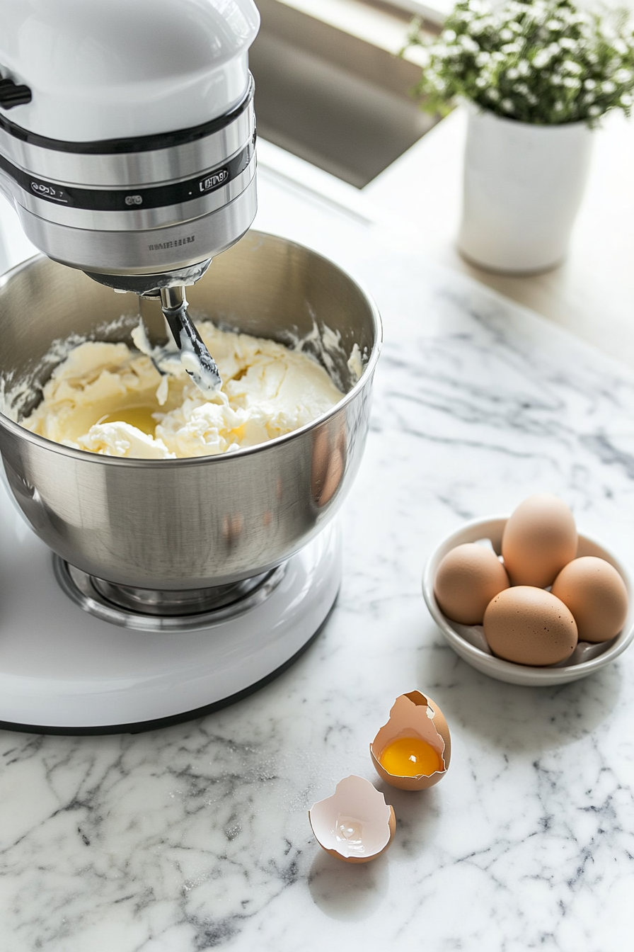 The stand mixer on the white marble cooktop as eggs are added one at a time into the creamed butter mixture. A cracked egg shell and a small bowl of remaining eggs rest on the side, showing the gradual mixing process